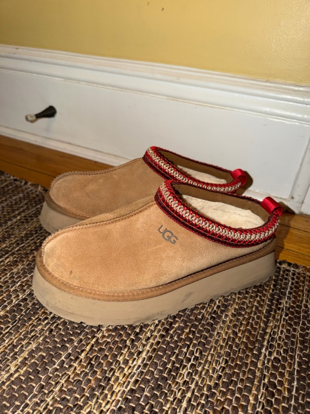 UGG Women's Chestnut Suede Platform Mule with Red Trim